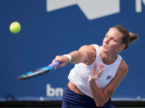 August 11, 2021, Montreal, PQ, Canada: Karolina Pliskova, of the Czech Republic, serves to Donna Vekic, of Croatia, during second round National Bank Open women s tennis tournament action, in Montreal, Wednesday, Aug. 11, 2021. Karolina Pliskova - ZUMAc35_ 20210811_zaf_c35_096 Copyright: xPaulxChiassonx