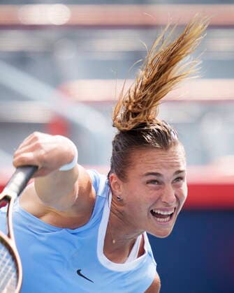August 11, 2021, Montreal, PQ, Canada: Aryna Sabalemka, of Belarus, serves to Sloane Stephens, of the Unites States, during second round National Bank Open women s tennis tournament action, in Montreal, Wednesday, Aug. 11, 2021. Aryna Sabalemka - ZUMAc35_ 20210811_zaf_c35_100 Copyright: xPaulxChiassonx