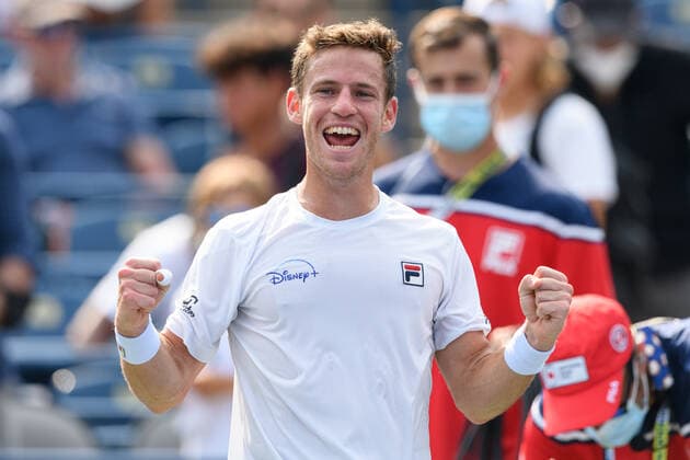 TORONTO, ON - AUGUST 11: Diego Schwartzman (ARG) celebrates after winning his National Bank Open tennis tournament second round game on August 11, 2021, at Aviva Centre in Toronto, ON, Canada. (Photo by Julian Avram Icon Sportswire) TENNIS: AUG 11 National Bank Open Icon2108111339