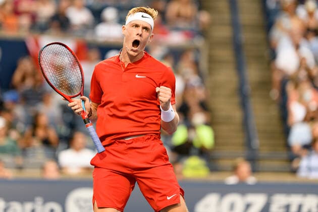 TORONTO, ON - AUGUST 11: Denis Shapovalov (CAN) celebrates after winning a point during his National Bank Open tennis tournament second round game on August 11, 2021, at Aviva Centre in Toronto, ON, Canada. (Photo by Julian Avram Icon Sportswire) TENNIS: AUG 11 National Bank Open Icon2108111452