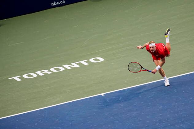 August 11, 2021, Toronto, on, Canada: CanadaÃ¢â‚¬â ¢s Denis Shapovalov serves the ball during MenÃ¢â‚¬â ¢s National Bank Open tennis action against USAÃ¢â‚¬â ¢s Frances Tiafoe, in Toronto on Wednesday, Aug., 11, 2021. Canada News - August 11, 2021  - ZUMAc35_ 20210811_zaf_c35_214 Copyright: xChristopherxKatsarovx