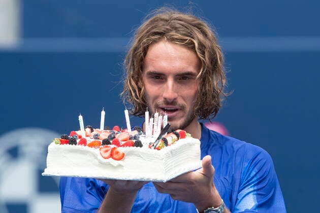 August 12, 2021, Toronto, on, Canada: Stefanos Tsitsipas of Greece receives a birthday cake to mark his 23rd birthday after his 6-3 6-2 win over Russian Karen Khachanov at the MenÃ¢â‚¬â ¢s National Bank Open tennis tournament in Toronto, Thursday, Aug. 12, 2021 Stefanos Tsitsipas  - ZUMAc35_ 20210812_zaf_c35_013 Copyright: xChrisxYoungx