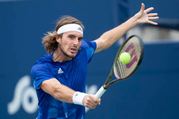 August 12, 2021, Toronto, on, Canada: Stefanos Tsitsipas of Greece returns during his 6-3 6-2 win over Russian Karen Khachanov during MenÃ¢â‚¬â ¢s National Bank Open tennis action in Toronto, Thursday, Aug. 12, 2021 Canada News - August 12, 2021  - ZUMAc35_ 20210812_zaf_c35_015 Copyright: xChrisxYoungx