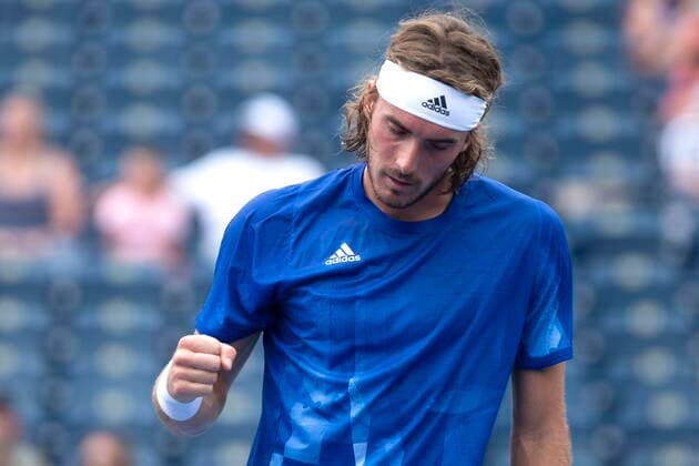 August 12, 2021, Toronto, on, Canada: Stefanos Tsitsipas of Greece celebrates a point during his 6-3 6-2 win over Russian Karen Khachanov in MenÃ¢â‚¬â ¢s National Bank Open tennis action in Toronto, Thursday, Aug. 12, 2021 Stefanos Tsitsipas  - ZUMAc35_ 20210812_zaf_c35_018 Copyright: xChrisxYoungx