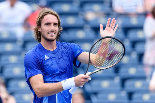 TORONTO, ON - AUGUST 12: Stefanos Tsitsipas (GRE) celebrates after winning his National Bank Open tennis tournament third round game on August 12, 2021, at Aviva Centre in Toronto, ON, Canada. (Photo by Julian Avram Icon Sportswire) TENNIS: AUG 12 National Bank Open Icon2108120055