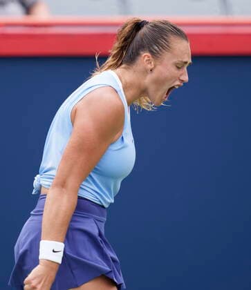 August 12, 2021, Montreal, Canada: ARYNA SABALENKA of Belarus reacts during her match against Canada s Rebecca Marino during round of sixteen play at the National Bank Open tennis tournament, Thursday. Top-seeded Sabalenka won 6-1, 6-3. Tennis 2021: National Bank Open: Day 4  - ZUMAc35_ 20210812_zaf_c35_009 Copyright: xPaulxChiassonx