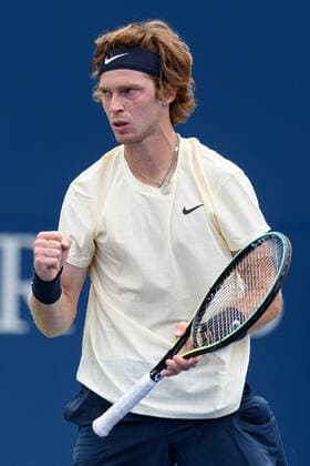 TORONTO, ON - AUGUST 12: Andrey Rublev (RUS) celebrates after winning a point during his National Bank Open tennis tournament third round game on August 12, 2021, at Aviva Centre in Toronto, ON, Canada. (Photo by Julian Avram Icon Sportswire) TENNIS: AUG 12 National Bank Open Icon2108120717