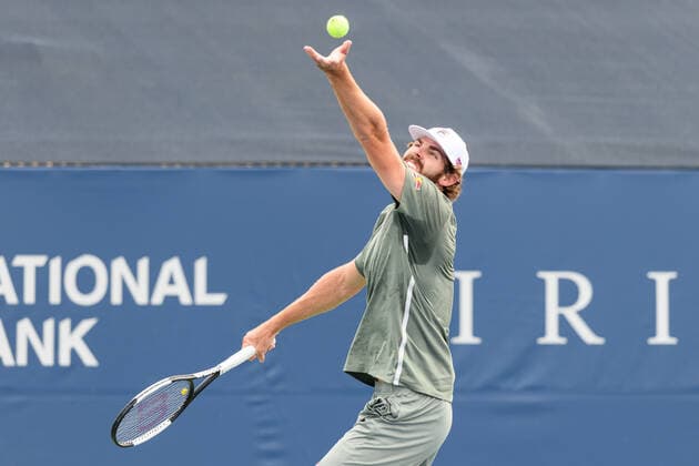 TORONTO, ON - AUGUST 12: Reilly Opelka (USA) serves the ball during his National Bank Open tennis tournament third round game on August 12, 2021, at Aviva Centre in Toronto, ON, Canada. (Photo by Julian Avram Icon Sportswire) TENNIS: AUG 12 National Bank Open Icon2108120743
