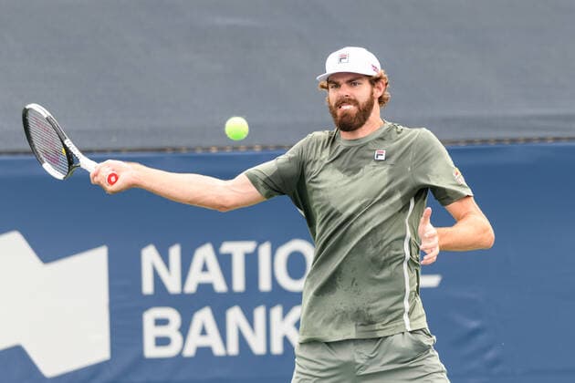 TORONTO, ON - AUGUST 12: Reilly Opelka (USA) returns the ball during his National Bank Open tennis tournament third round game on August 12, 2021, at Aviva Centre in Toronto, ON, Canada. (Photo by Julian Avram Icon Sportswire) TENNIS: AUG 12 National Bank Open Icon2108120746
