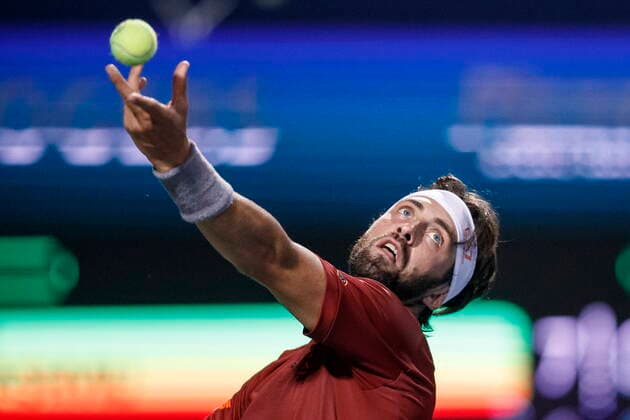 August 12, 2021, Toronto, on, Canada: Nikoloz Basilashvili, of Georgia, serves a ball to Hubert Hurkacz, of Poland, during their match at National Bank Open men s tennis action, in Toronto, Thursday, Aug. 12, 2021. Canada News - August 12, 2021 - ZUMAc35_ 20210812_zaf_c35_246 Copyright: xColexBurstonx