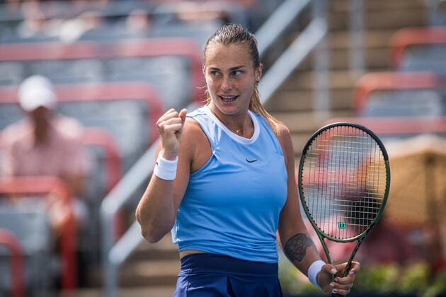 MONTREAL, QC - AUGUST 13: Aryna Sabalenka from Belarus reacts after winning the match during the quarterfinals of the WTA, Tennis Damen National Bank Open match on August 13, 2021 at IGA Stadium in Montreal, QC(Photo by Vincent Ethier Icon Sportswire) TENNIS: AUG 13 National Bank Open Icon2108130634