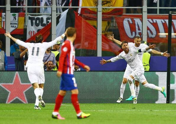 Mandatory Credit: Photo by Kieran Mcmanus BPI Shutterstock (5696816ax) Sergio Ramos of Real Madrid celebrates scoring the opening goal during the UEFA Champions League final between Real Madrid and Atletico Madrid played at the Giuseppe Meazza Stadium (San Siro), Milan, Italy on May 28th 2016 UEFA Champions League 2015 16 Final Real Madrid v Atletico Madrid San Siro, Giuseppe Meazza, Milan, Italy - 28 May 2016 EDITORIAL USE ONLY No use with unauthorised audio, video, data, fixture lists, club league logos or live services. Online in-match use limited to 75 images, no video emulation. No use in betting, games or single club league player publications. UEFA Champions League 2015 16 Final Real Madrid v Atletico Madrid San Siro, Giuseppe Meazza, Milan, Italy - 28 May 2016 EDITORIAL USE ONLY No use with unauthorised audio, video, data, fixture lists, club league logos or live services. Online in-match use limited to 75 images, no video emulation. No use in betting, games or single club league player publications. Copyright: xKieranxMcmanus BPI Shutterstockx 5696816ax