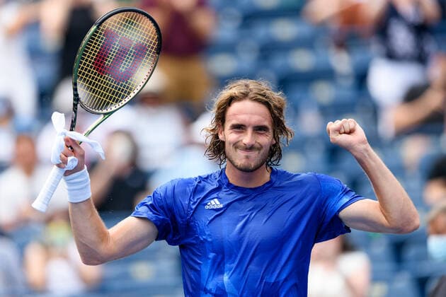TORONTO, ON - AUGUST 13: Stefanos Tsitsipas (GRE) celebrates after winning his National Bank Open tennis tournament quarterfinals game on August 13, 2021, at Aviva Centre in Toronto, ON, Canada. (Photo by Julian Avram Icon Sportswire) TENNIS: AUG 13 National Bank Open Icon2108122277