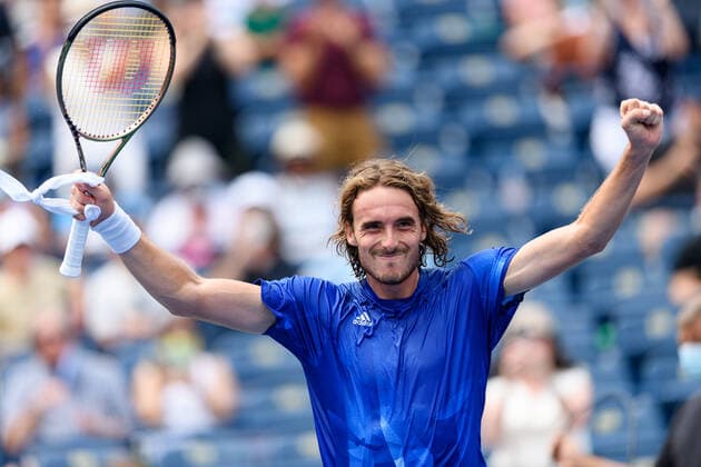 TORONTO, ON - AUGUST 13: Stefanos Tsitsipas (GRE) celebrates after winning his National Bank Open tennis tournament quarterfinals game on August 13, 2021, at Aviva Centre in Toronto, ON, Canada. (Photo by Julian Avram Icon Sportswire) TENNIS: AUG 13 National Bank Open Icon2108122278