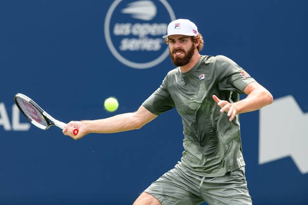 TORONTO, ON - AUGUST 13: Reilly Opelka (USA) returns the ball during his National Bank Open tennis tournament quarterfinals game on August 13, 2021, at Aviva Centre in Toronto, ON, Canada. (Photo by Julian Avram Icon Sportswire) TENNIS: AUG 13 National Bank Open Icon2108122831