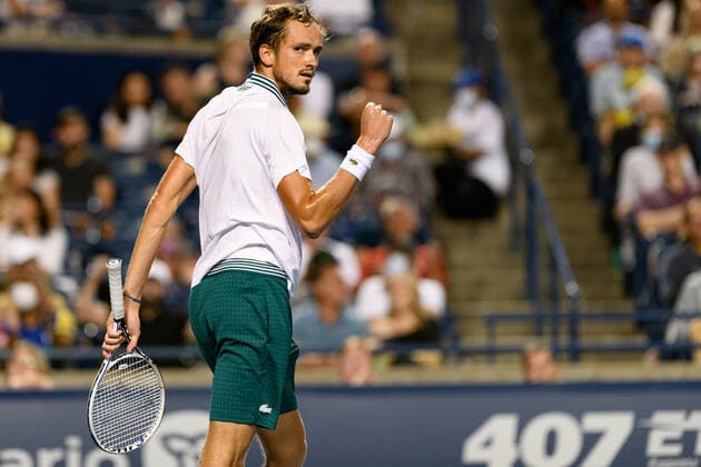 TORONTO, ON - AUGUST 13: Daniil Medvedev (RUS) celebrates after winning a point during his National Bank Open tennis tournament quarterfinals match on August 13, 2021, at Aviva Centre in Toronto, ON, Canada. (Photo by Julian Avram Icon Sportswire) TENNIS: AUG 13 National Bank Open Icon2108130794