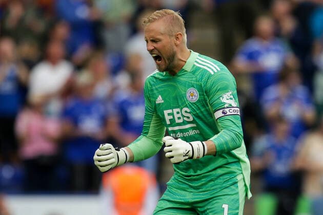 Mandatory Credit: Photo by Robbie Stephenson JMP Shutterstock (12288141d) Kasper Schmeichel of Leicester City celebrates Jamie Vardy of Leicester City scoring a goal to make it 1-0 Leicester City v Wolverhampton Wanderers, UK - 14 Aug 2021 EDITORIAL USE ONLY No use with unauthorised audio, video, data, fixture lists (outside the EU), club league logos or live services. Online in-match use limited to 45 images (+15 in extra time). No use to emulate moving images. No use in betting, games or single club league player publications services. Leicester City v Wolverhampton Wanderers, UK - 14 Aug 2021 EDITORIAL USE ONLY No use with unauthorised audio, video, data, fixture lists (outside the EU), club league logos or live services. Online in-match use limited to 45 images (+15 in extra time). No use to emulate moving images. No use in betting, games or  Copyright: xRobbiexStephenson JMP Shutterstockx 12288141d