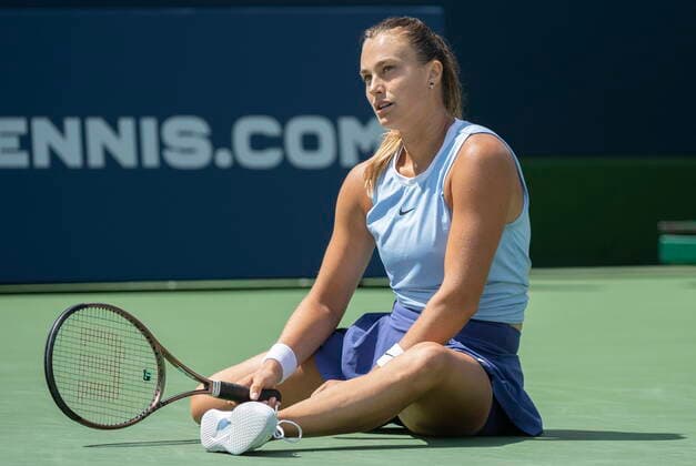 Sport Bilder des Tages August 14, 2021, Montreal, PQ, Canada: Aryna Sabalenka, of Belarus, reacts during her match with Karolina Pliskova, of the Czech Republic, in semifinal National Bank Open women s tennis tournament action in Montreal, Saturday, Aug. 14, 2021. Aryna Sabalenka, Karolina Pliskova , - ZUMAc35_ 20210814_zaf_c35_019 Copyright: xGrahamxHughesx