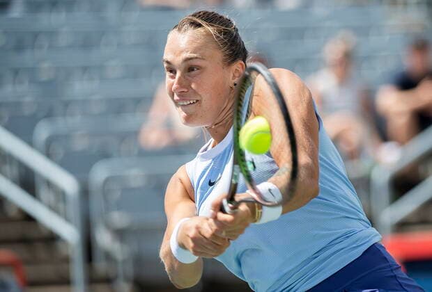 August 14, 2021, Montreal, PQ, Canada: Aryna Sabalenka, of Belarus, returns to Karolina Pliskova, of the Czech Republic, during semifinal National Bank Open women s tennis tournament action in Montreal, Saturday, Aug. 14, 2021. Aryna Sabalenka, Karolina Pliskova , - ZUMAc35_ 20210814_zaf_c35_020 Copyright: xGrahamxHughesx