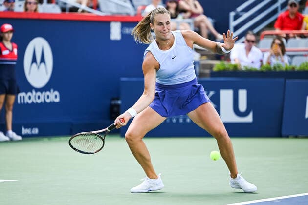 August 14, 2021: Aryna Sabalenka (BLR) returns the ball during the WTA, Tennis Damen National Bank Open semifinal match at IGA Stadium in Montreal, Quebec. CSM Montreal Canada - ZUMAc04_ 20210814_zaf_c04_008 Copyright: xDavidxKirouacx