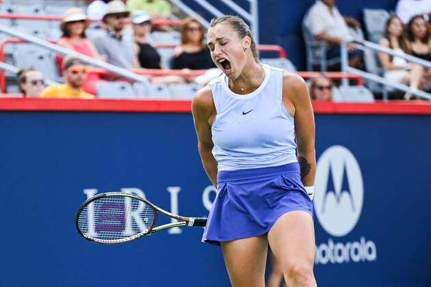 August 14, 2021: Aryna Sabalenka (BLR) shows frustration after missing a point during the WTA, Tennis Damen National Bank Open semifinal match at IGA Stadium in Montreal, Quebec. CSM Montreal Canada - ZUMAc04_ 20210814_zaf_c04_009 Copyright: xDavidxKirouacx