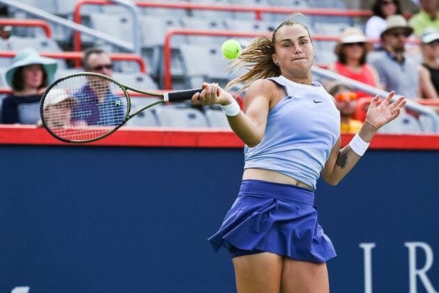 MONTREAL, QC - AUGUST 14: Aryna Sabalenka (BLR) returns the ball during the semifinal WTA, Tennis Damen National Bank Open match on August 14, 2021 at IGA Stadium in Montreal, QC (Photo by David Kirouac Icon Sportswire) TENNIS: AUG 14 National Bank Open Icon210814038