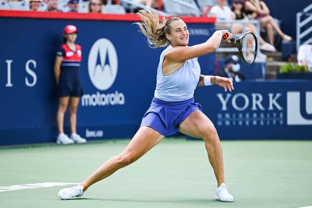 MONTREAL, QC - AUGUST 14: Aryna Sabalenka (BLR) returns the ball during the semifinal WTA, Tennis Damen National Bank Open match on August 14, 2021 at IGA Stadium in Montreal, QC (Photo by David Kirouac Icon Sportswire) TENNIS: AUG 14 National Bank Open Icon210814053