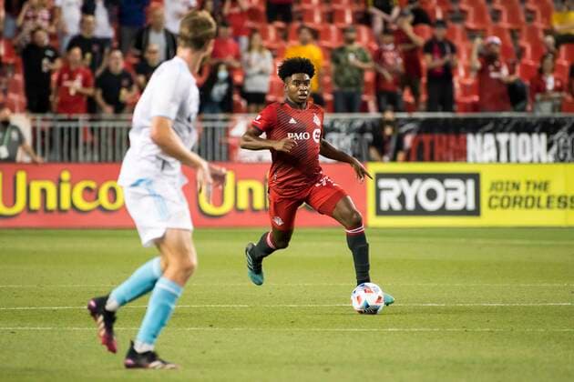August 14, 2021, Toronto, Ontario, Canada: Ralph Priso-Mbongue (97) in action during the MLS, Fussball Herren, USA game between between Toronto FC and New England Revolution The game ended 1-2 Toronto Canada - ZUMAm154 20210814_zap_m154_013 Copyright: xAngelxMarchinix