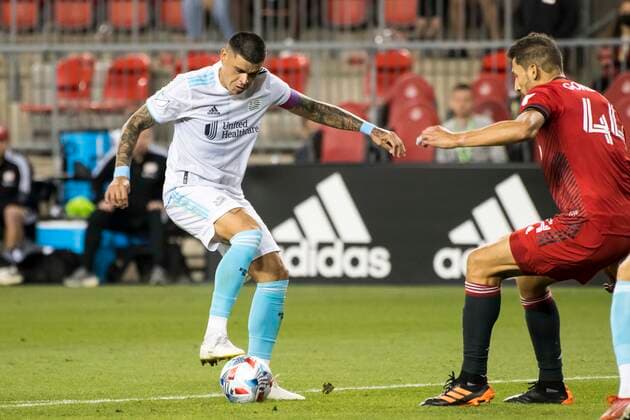August 14, 2021, Toronto, Ontario, Canada: Gustavo Bou (7) in action during the MLS, Fussball Herren, USA game between between Toronto FC and New England Revolution The game ended 1-2 Toronto Canada - ZUMAm154 20210814_zap_m154_019 Copyright: xAngelxMarchinix