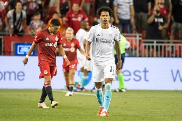 August 14, 2021, Toronto, Ontario, Canada: Tajon Buchanan (17) in action during the MLS, Fussball Herren, USA game between between Toronto FC and New England Revolution The game ended 1-2 Toronto Canada - ZUMAm154 20210814_zap_m154_023 Copyright: xAngelxMarchinix
