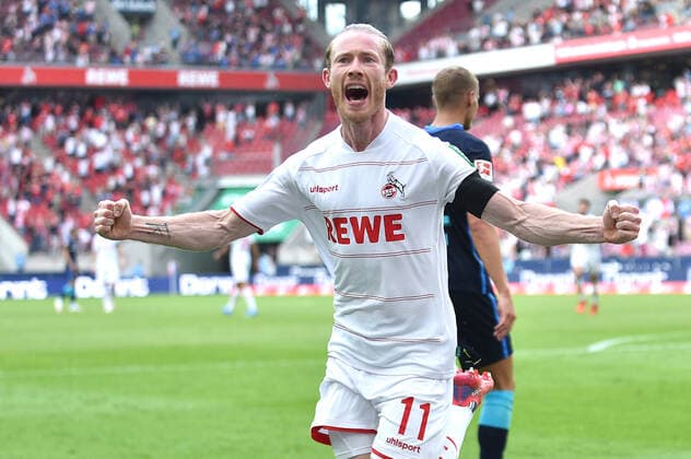 Sport Bilder des Tages Fußball 1. Bundesliga 1. Spieltag 1. FC Köln - Hertha BSC Berlin am 15.08.2021 im RheinEnergieStadion in Köln Torjubel Jubel zum 2:1 durch Florian Kainz ( Köln ) DFL regulations prohibit any use of photographs as image sequences and or quasi-video.