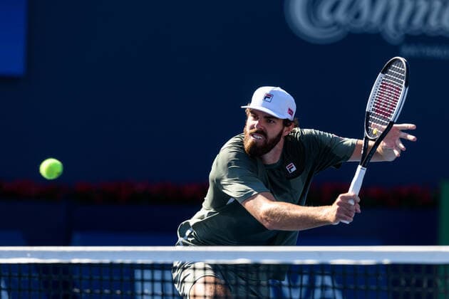 TORONTO, ON - AUGUST 15: Reilly Opelka (USA) returns the ball during the National Bank Open tennis tournament Final on August 15, 2021, at Aviva Centre in Toronto, ON, Canada. (Photo by Julian Avram Icon Sportswire) TENNIS: AUG 15 National Bank Open Icon2108150182