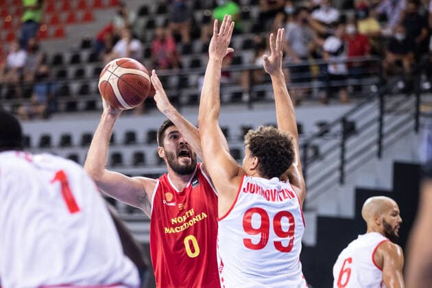 16.08.2021, Skoplje, Jane Sandanski Arena, World Cup European Pre-Qualifiers: Switzerland - North Macedonia, 0 Bojan Krstevski (North Macedonia) against Natan Jurkovitz (Switzerland) Skoplje Skoplje Nordmazedonien Copyright: xJustPictures.ch NikolaxKrsticx