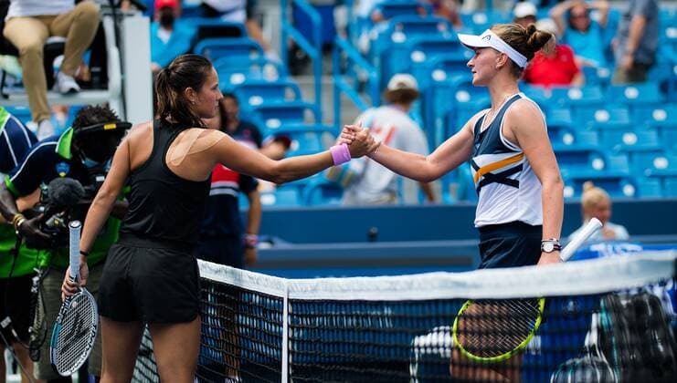Mandatory Credit: Photo by Rob Prange Shutterstock (12294756t) Daria Kasatkina of Russia & Barbora Krejcikova of the Czech Republic in action during the first round of the 2021 Western & Southern Open WTA, Tennis Damen 1000 tennis tournament Western & Southern Open Day Three, Tennis, Cincinnati, USA, 16 Aug 2021 Western & Southern Open Day Three, Tennis, Cincinnati, USA, 16 Aug 2021  Copyright: xRobxPrange Shutterstockx 12294756t