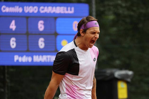 Camilo Ugo Carabelli jubelt nach dem Sieg, Jubel, Freude, Emotion Tennis - Sauerland Open2021 - ATP, Tennis Herren Challenger Tour - Luedenscheid Tennis-Verein - Luedenscheid - Nordrhein Westfalen - Deutschland - 18 August 2021. Copyright: xJuergenxHasenkopfx
