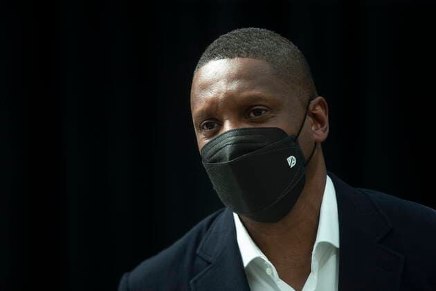 August 18, 2021, Toronto, on, Canada: Toronto Raptors executive Masai Ujiri speaks to journalists after a press conference, PK, Pressekonferenz in Toronto on Wednesday, August 18, 2021. Masai Ujiri  - ZUMAc35_ 20210818_zaf_c35_068 Copyright: xChrisxYoungx