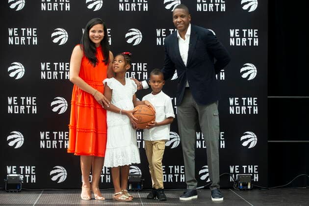 August 18, 2021, Toronto, on, Canada: Toronto Raptors executive Masai Ujiri poses for a photo with his wife Ramatu , daughter Zahara and son Masai Junior, following a press conference, PK, Pressekonferenz in Toronto on Wednesday August 18, 2021. Masai Ujiri  - ZUMAc35_ 20210818_zaf_c35_087 Copyright: xChrisxYoungx