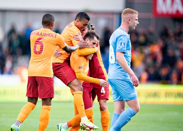 Galatasaray s Kerem Aktürkoglu har scoret til 1-0 i Europa League - kvalifikationskampen mellem Randers FC og Galatasaray paa Cepheus Park i Randers, torsdag den 19. august 2021.. , Randers Jylland Denmark Copyright: HenningxBagger HenningxBaggerx COP101 spdk20210819-195020-L