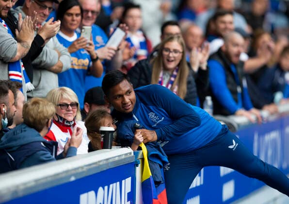 Football - 2021 2022 UEFA Europa League - Qualifying - 1st Leg - Glasgow Rangers vs Alashkert - Ibrox Stadium Alfredo Morelos of Rangers during the warm up 