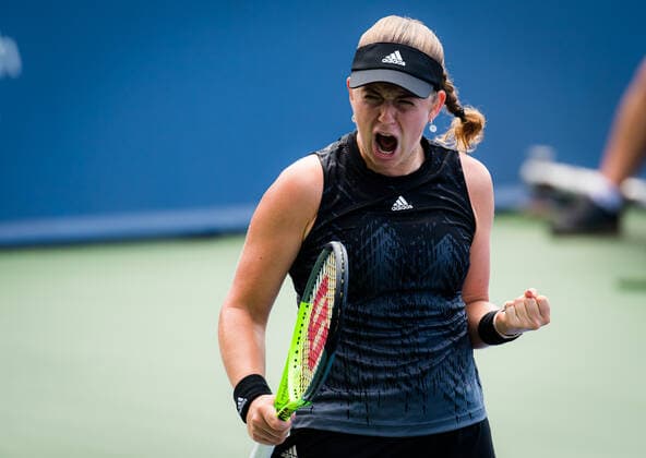 August 19, 2021, CINCINNATI, UNITED STATES: Jelena Ostapenko of Latvia in action during the third round at the 2021 Western & Southern Open WTA, Tennis Damen 1000 tennis tournament against Angelique Kerber of Germany CINCINNATI UNITED STATES - ZUMAa181 20210819_zaa_a181_024 Copyright: xRobxPrangex