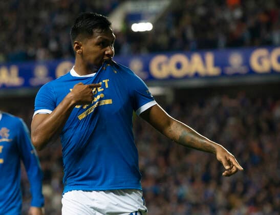 Football - 2021 2022 UEFA Europa League - Qualifying - 1st Leg - Glasgow Rangers vs Alashkert - Ibrox Stadium Alfredo Morelos of Rangers celebrates scoring the winning goal 