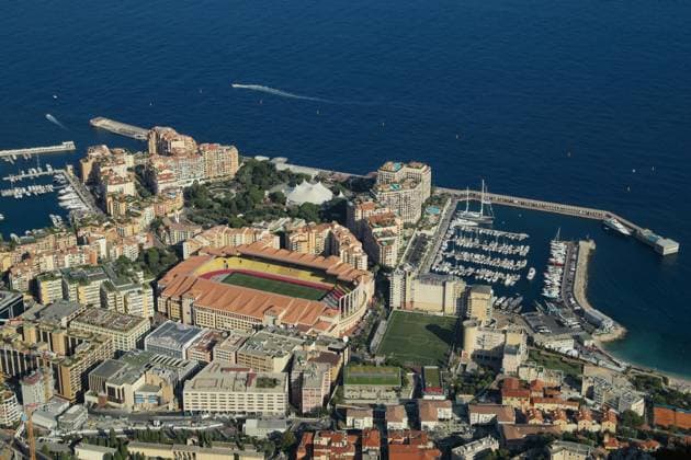 Monaco, Monaco, 17th August 2021. A general view of the stadium from the mountain top prior to the UEFA Champions League match at Stade Louis II, Monaco. Picture credit should read: Jonathan Moscrop Sportimage EDITORIAL USE ONLY. No use with unauthorised audio, video, data, fixture lists, club league logos or live services. Online in-match use limited to 120 images, no video emulation. No use in betting, games or single club league player publications. SPI-1137-0076