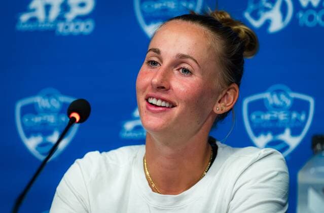 Mandatory Credit: Photo by Rob Prange Shutterstock (12324303eb) Jil Teichmann of Switzerland talks to the media after her third round match at the 2021 Western & Southern Open WTA, Tennis Damen 1000 tennis tournament Western & Southern Open Day Six, Tennis, Cincinnati, USA, 19 Aug 2021 Western & Southern Open Day Six, Tennis, Cincinnati, USA, 19 Aug 2021  Copyright: xRobxPrange Shutterstockx 12324303eb