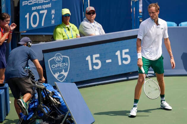 CINCINNATI, OH - AUGUST 21: Daniil Medvedev of Russia looks at the collision after he has an accidental run-in with an on-court camera during the semifinal match on day 7 of the Western & Southern Open at the Lindner Family Tennis Center in Mason, Ohio on August 21, 2021. (Photo by Shelley Lipton Icon Sportswire) TENNIS: AUG 21 Western & Southern Open Icon210821408
