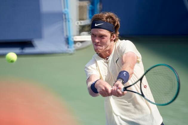 CINCINNATI, OH - AUGUST 21: Andrey Rublev of Russia focuses intensely as he lines-up a two-handed backhand shot during the semifinal match on day 7 of the Western & Southern Open at the Lindner Family Tennis Center in Mason, Ohio on August 21, 2021. (Photo by Shelley Lipton Icon Sportswire) TENNIS: AUG 21 Western & Southern Open Icon2108211252
