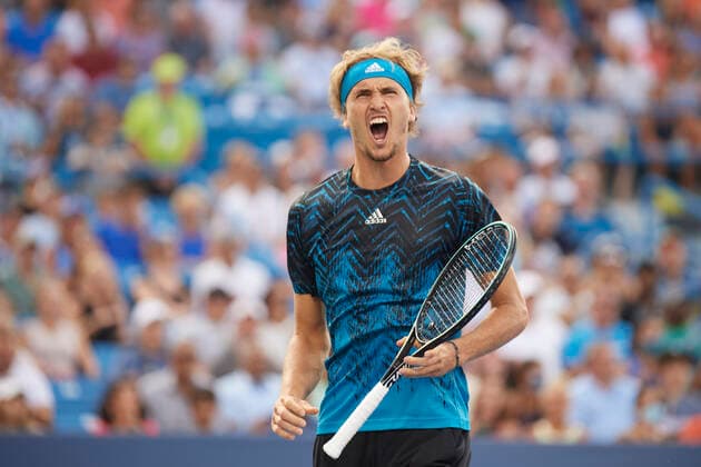 CINCINNATI, OH - AUGUST 21: Alexander Zverev of Germany celebrates winning a game during the semifinal match on day 7 of the Western & Southern Open at the Lindner Family Tennis Center in Mason, Ohio on August 21, 2021. (Photo by Shelley Lipton Icon Sportswire) TENNIS: AUG 21 Western & Southern Open Icon2108211541