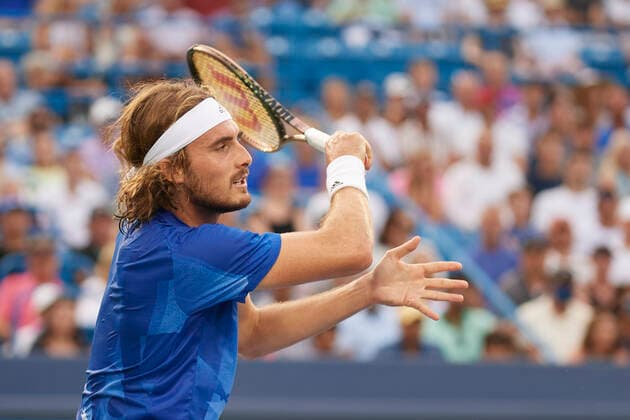 CINCINNATI, OH - AUGUST 21: Stefanos Tsitsipas of Greece hits a forehand shot during the semifinal match on day 7 of the Western & Southern Open at the Lindner Family Tennis Center in Mason, Ohio on August 21, 2021. (Photo by Shelley Lipton Icon Sportswire) TENNIS: AUG 21 Western & Southern Open Icon2108211593