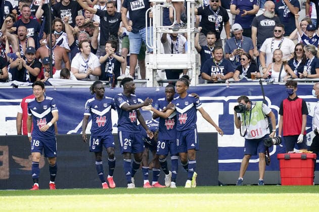 JOIE - FAIR PLAY - 14 GIDEON MENSAH (FCGB) - 25 ENOCK KWATENG (FCGB) - 20 ISSOUF SISSOKHO (FCGB) - 11 SEKOU MARA (FCGB) FOOTBALL : Bordeaux vs Angers - Ligue 1 Uber Eats - 22 08 2021 FEP Panoramic 