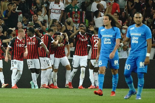 Joie - Kasper Dolberg (OGC Nice) - Amine Gouiri (OGC Nice) - Melvin Bard (OGC Nice) - Mario Lemina (OGC Nice) FOOTBALL : OGC Nice vs Olympique de Marseille - Ligue 1 Uber Eats - Nice - 22 08 2021 NorbertScanella PanoramiC 