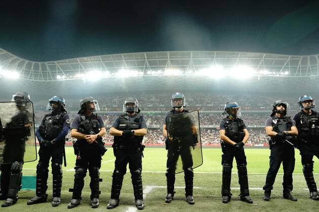 Les CRS interviennent a l Allianz Riviera FOOTBALL : OGC Nice vs Olympique de Marseille - Ligue 1 Uber Eats - Nice - 22 08 2021 NorbertScanella PanoramiC 